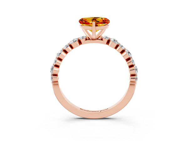 Rose gold Heart Cut Citrine Prong Set Engagement Ring with Pavé Band