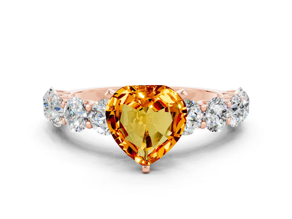 Rose gold Heart Cut Citrine Prong Setting with Side Stones on a Pave Band