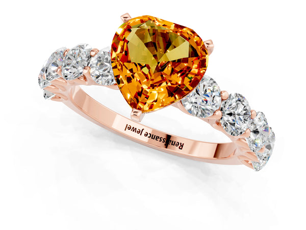 Rose gold Heart Cut Citrine Prong Setting with Side Stones on a Pave Band