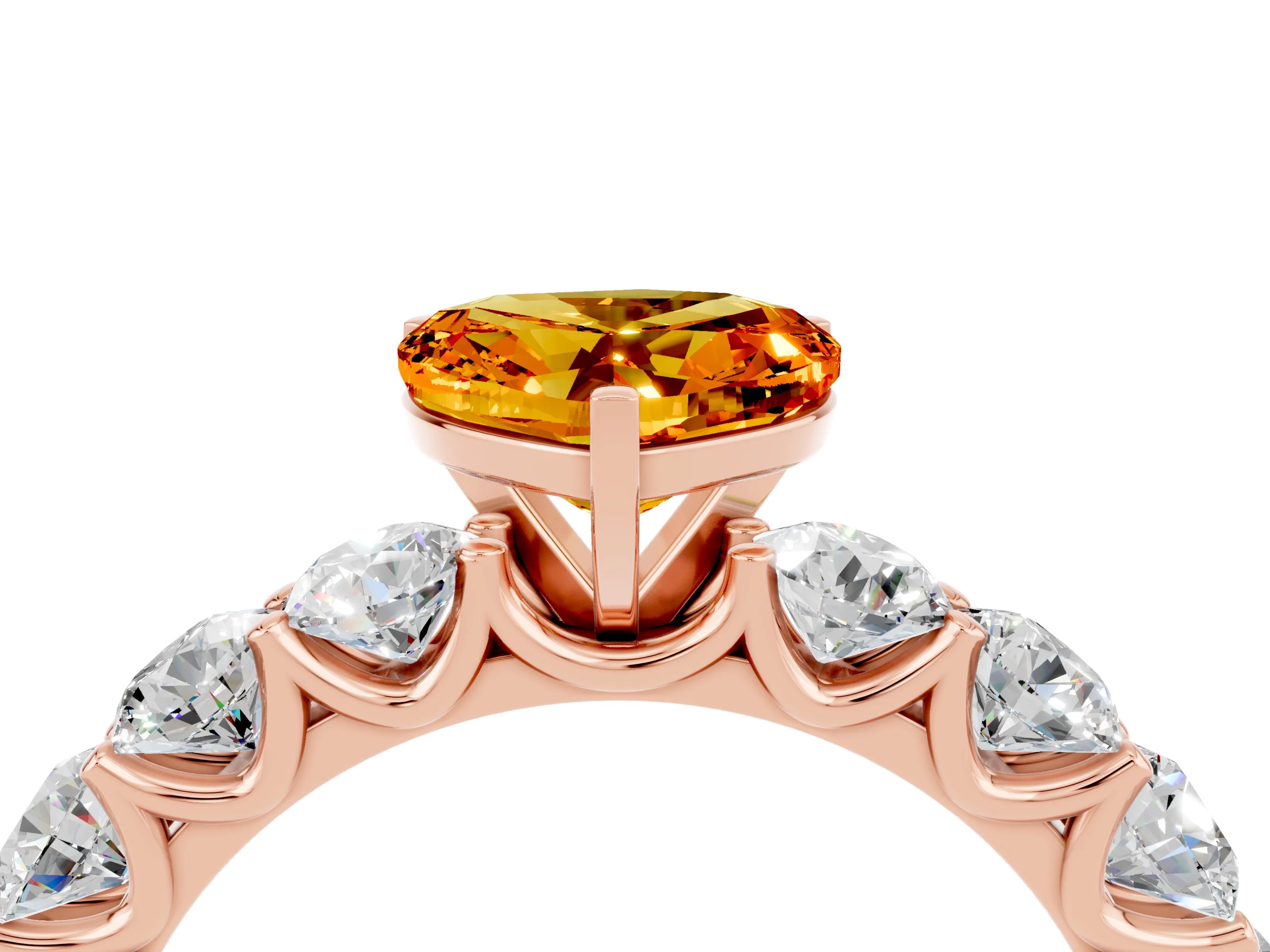 Rose gold Heart Cut Citrine Prong Setting with Side Stones on a Pave Band_4