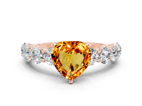 Rose gold Heart Cut Citrine Prong Setting with Side Stones on a Pave Band