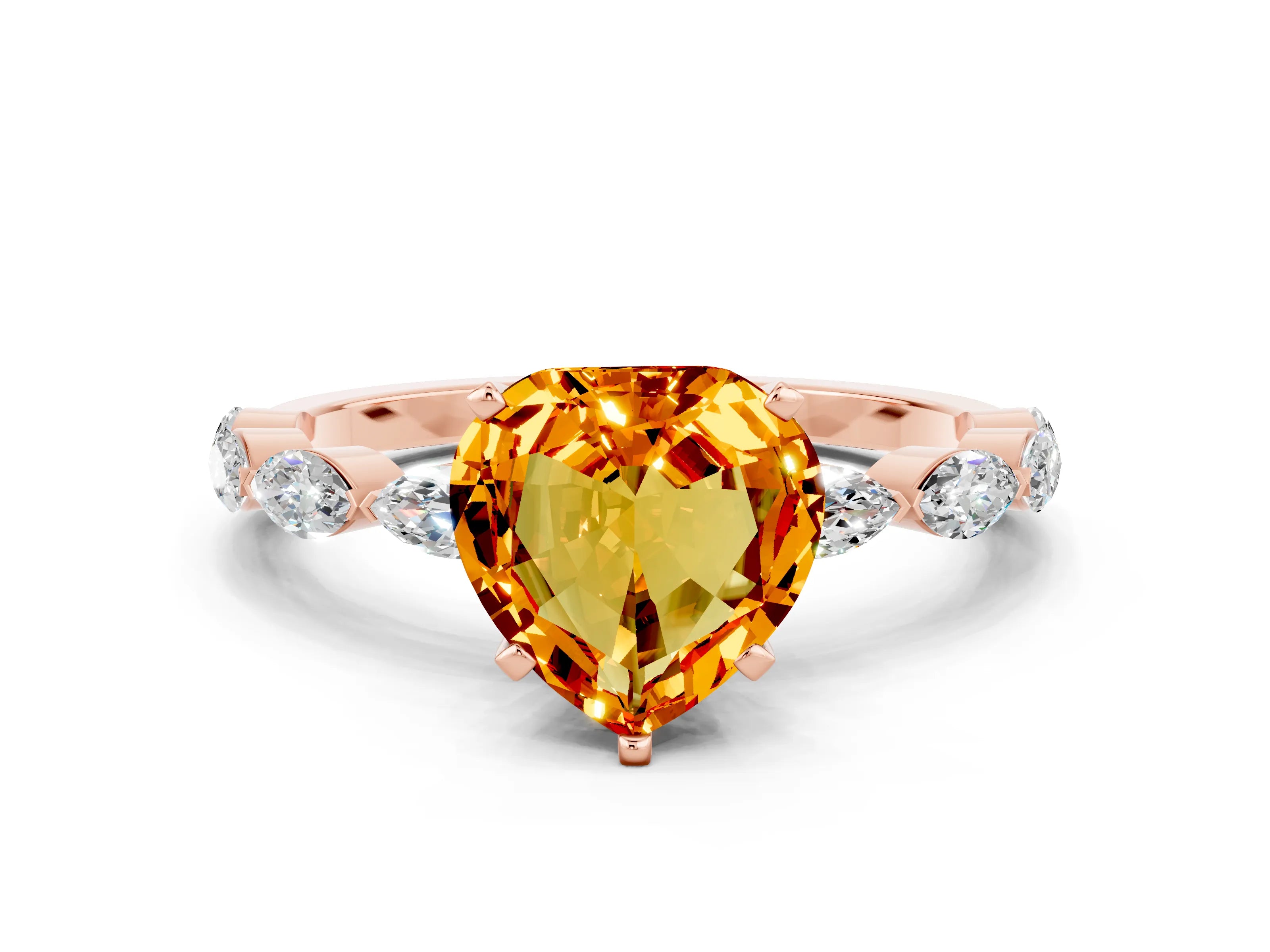 Rose gold Heart Cut Citrine Ring with Marquise Side Stones and Prong Setting