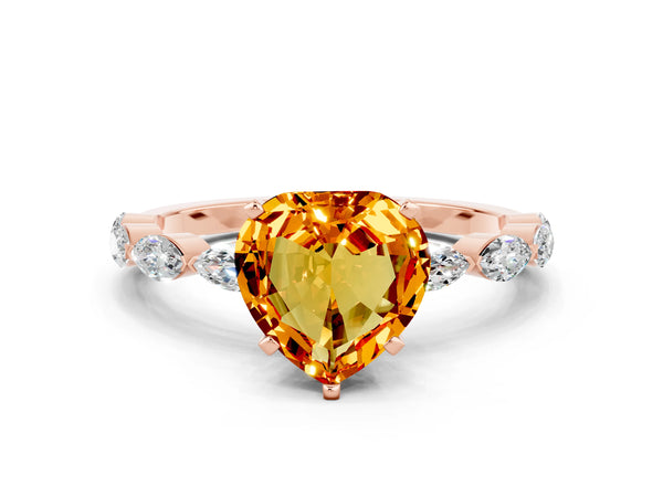 Rose gold Heart Cut Citrine Ring with Marquise Side Stones and Prong Setting