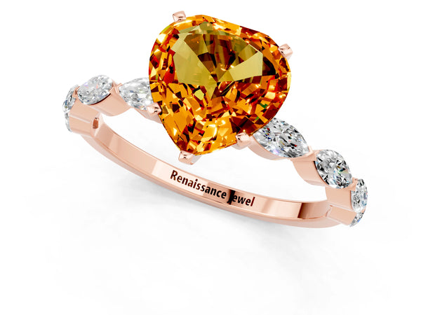 Rose gold Heart Cut Citrine Ring with Marquise Side Stones and Prong Setting