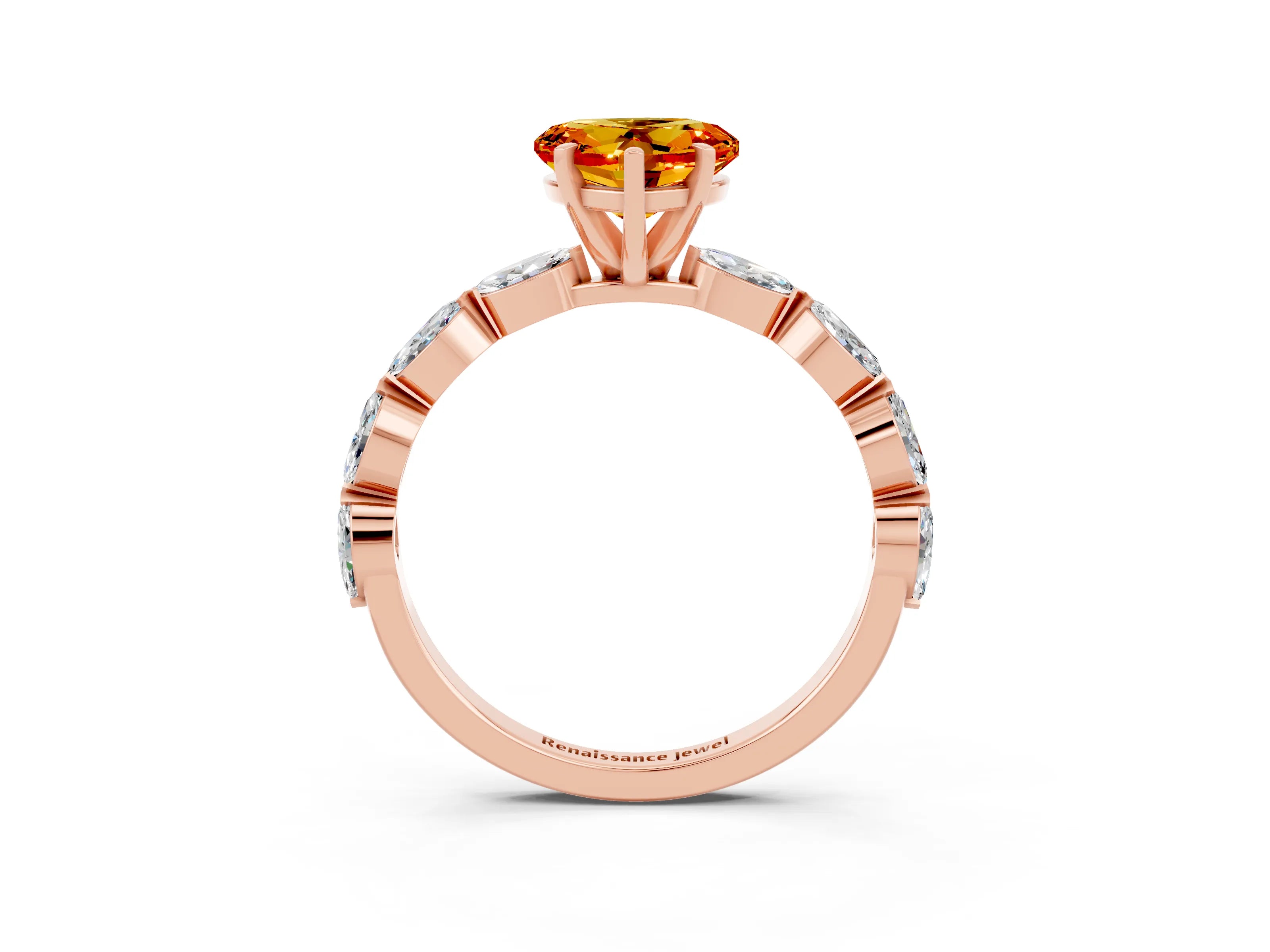 Rose gold Heart Cut Citrine Ring with Marquise Side Stones and Prong Setting_3
