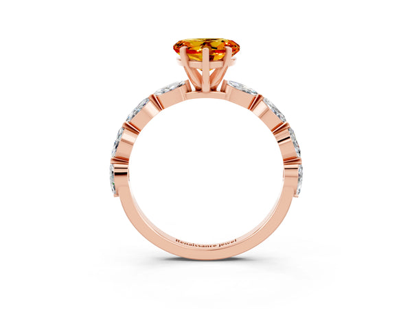 Rose gold Heart Cut Citrine Ring with Marquise Side Stones and Prong Setting