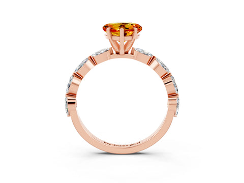 Rose gold Heart Cut Citrine Ring with Marquise Side Stones and Prong Setting_3