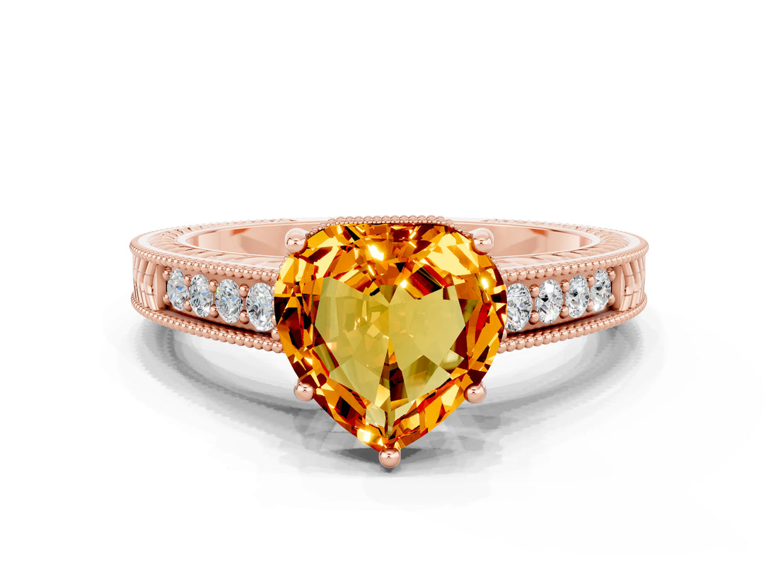 Rose gold Heart Cut Citrine Ring with Milgrain Pavé Band and Four-Prong Setting_12