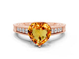 Rose gold Heart Cut Citrine Ring with Milgrain Pavé Band and Four-Prong Setting_12