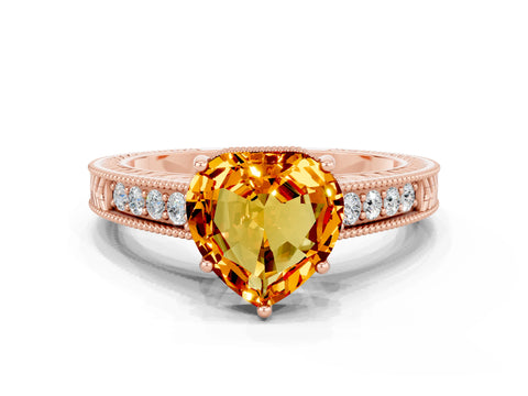 Rose gold Heart Cut Citrine Ring with Milgrain Pavé Band and Four-Prong Setting_12