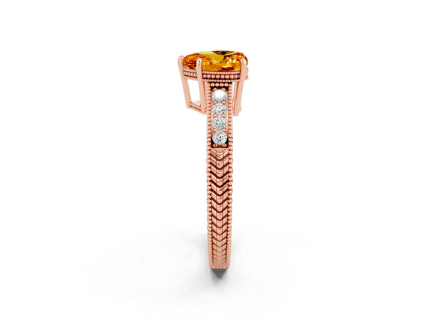 Rose gold Heart Cut Citrine Ring with Milgrain Pavé Band and Four-Prong Setting