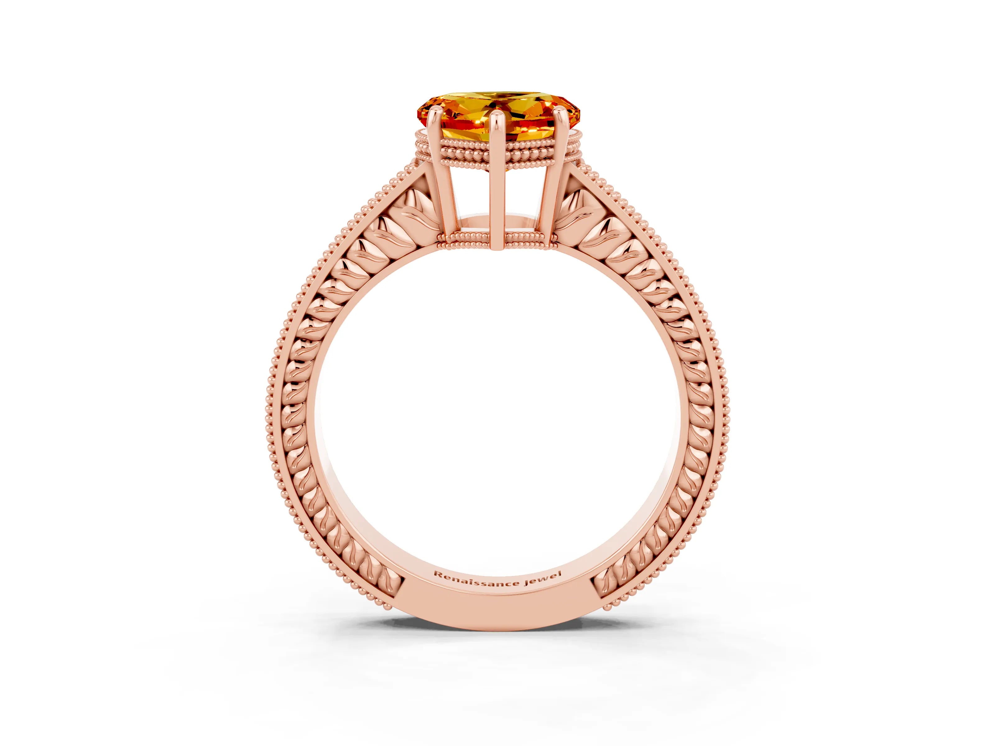 Rose gold Heart Cut Citrine Ring with Milgrain Pavé Band and Four-Prong Setting_15