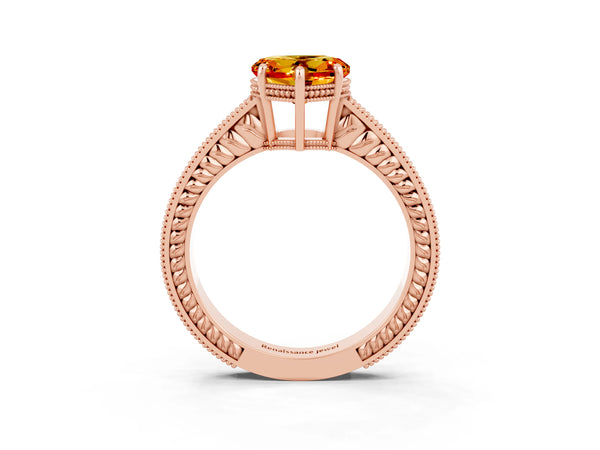 Rose gold Heart Cut Citrine Ring with Milgrain Pavé Band and Four-Prong Setting