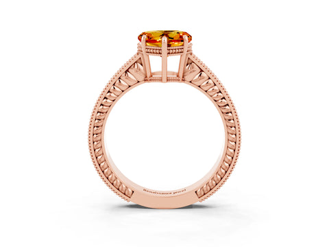 Rose gold Heart Cut Citrine Ring with Milgrain Pavé Band and Four-Prong Setting_15