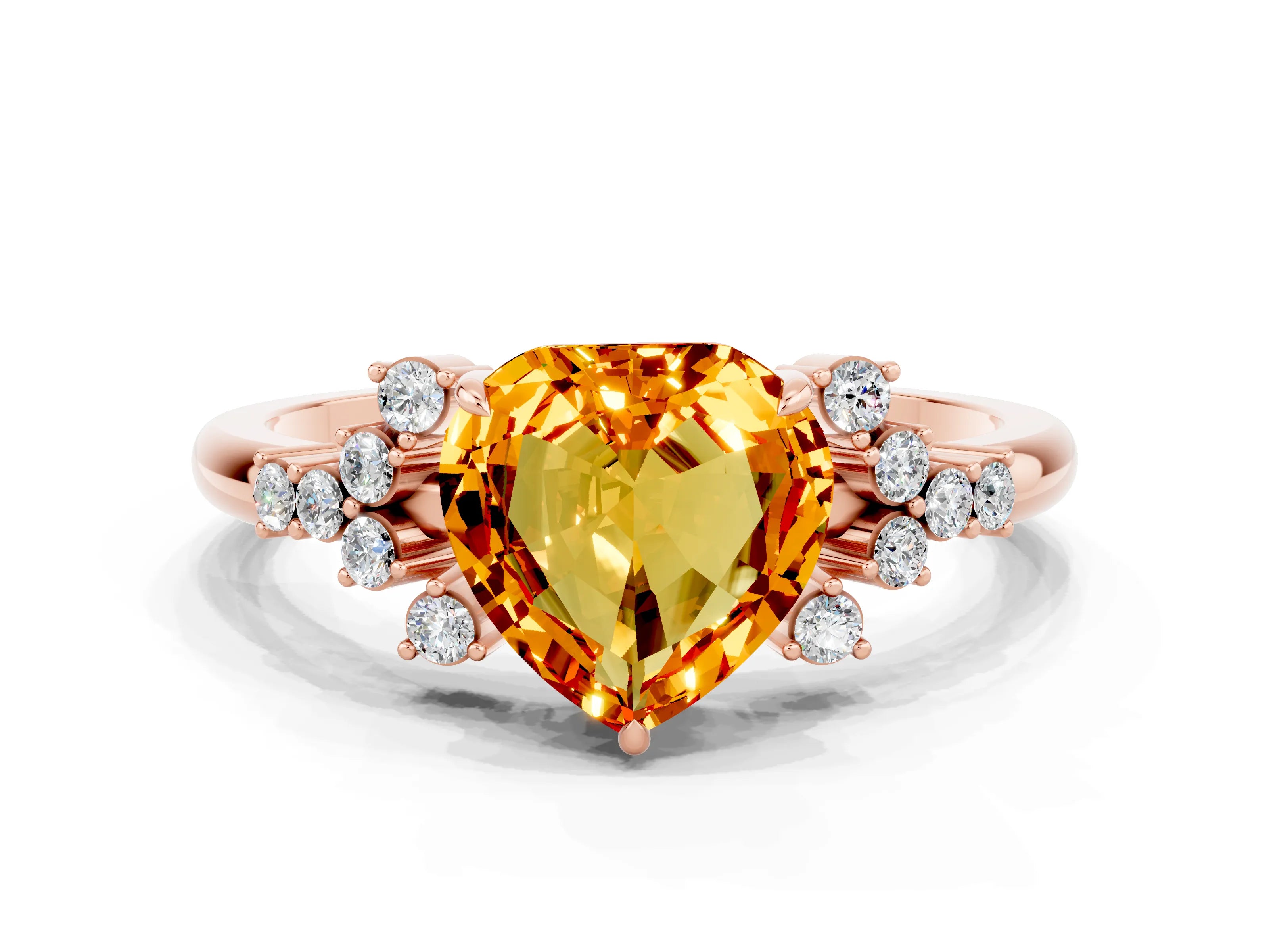 Rose gold Heart Cut Citrine Ring with Side Stones and Four-Prong Setting_36