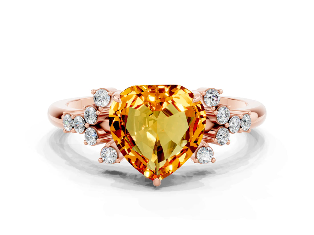 Rose gold Heart Cut Citrine Ring with Side Stones and Four-Prong Setting_36