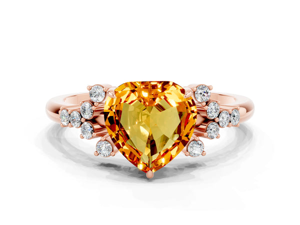 Rose gold Heart Cut Citrine Ring with Side Stones and Four-Prong Setting