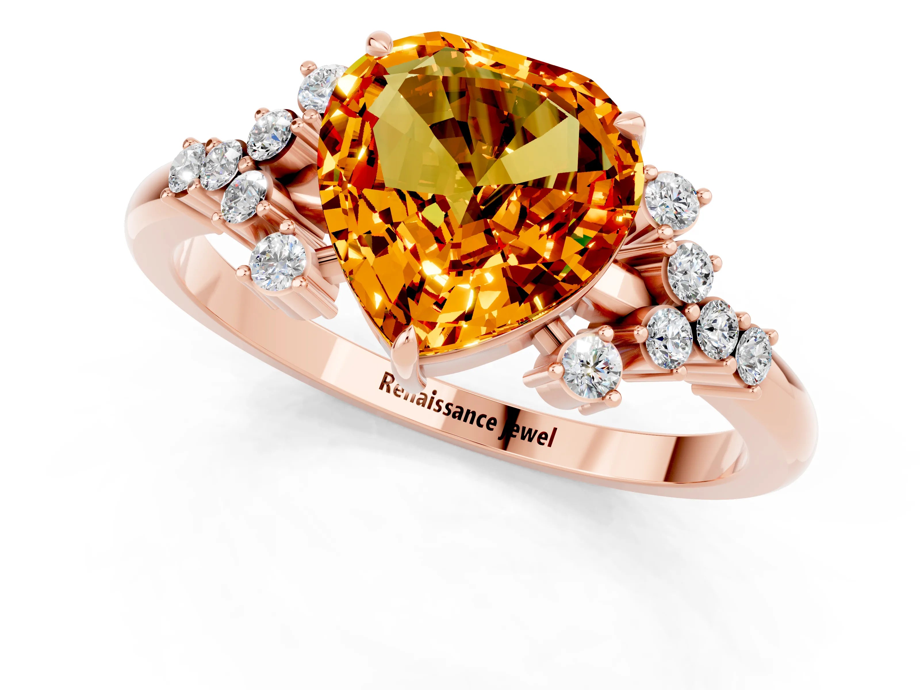 Rose gold Heart Cut Citrine Ring with Side Stones and Four-Prong Setting_37