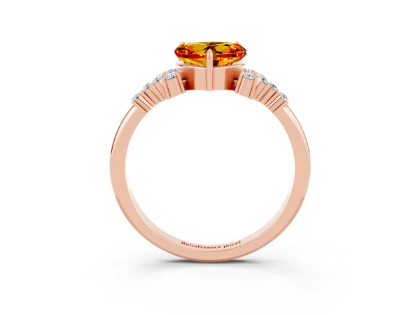 Rose gold Heart Cut Citrine Ring with Side Stones and Four-Prong Setting