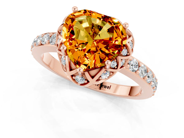 Rose gold Heart Cut Citrine Scalloped Halo Engagement Ring with Round Shared Prong Band