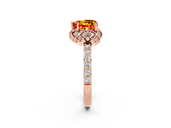 Rose gold Heart Cut Citrine Scalloped Halo Engagement Ring with Round Shared Prong Band