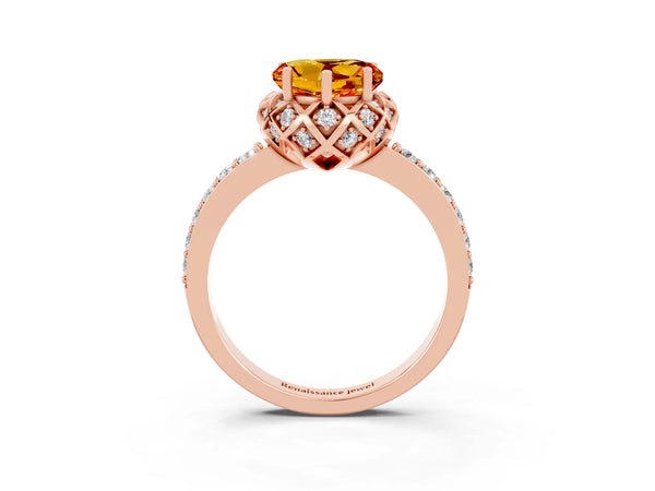 Rose gold Heart Cut Citrine Scalloped Halo Engagement Ring with Round Shared Prong Band