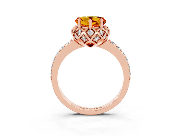 Rose gold Heart Cut Citrine Scalloped Halo Engagement Ring with Round Shared Prong Band