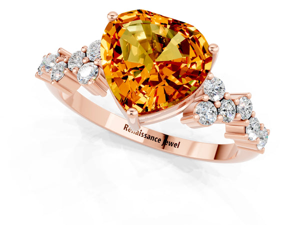 Rose gold Heart Cut Citrine Scattered Round Accent Ring with Prong Setting