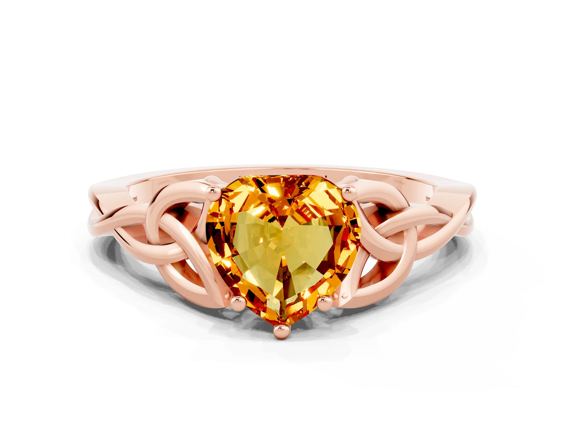 Rose gold Heart Cut Citrine Solitaire Celtic Knot Ring with Four-Prong Setting_12