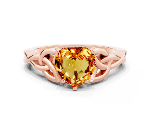 Rose gold Heart Cut Citrine Solitaire Celtic Knot Ring with Four-Prong Setting