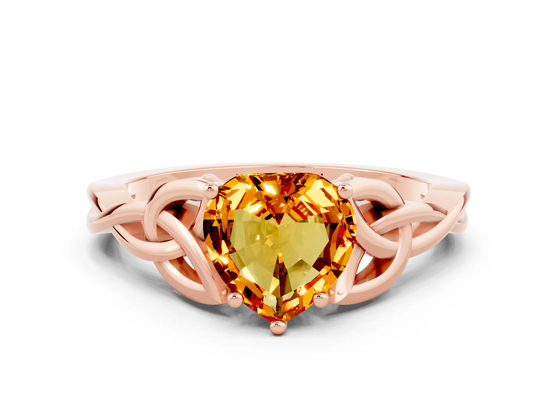 Rose gold Heart Cut Citrine Solitaire Engagement Ring with Celtic Knot Band and Four-Prong Setting