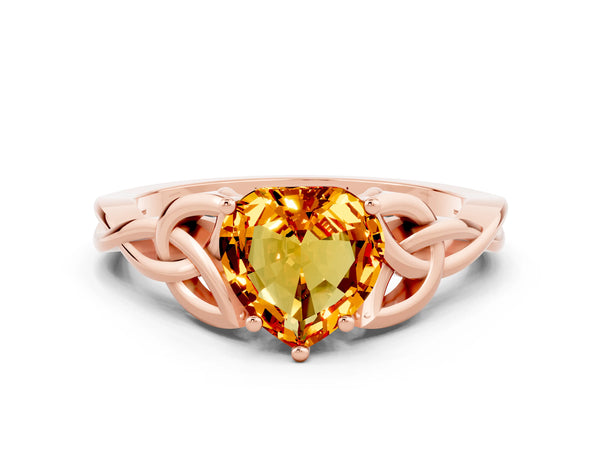 Rose gold Heart Cut Citrine Solitaire Engagement Ring with Celtic Knot Band and Four-Prong Setting