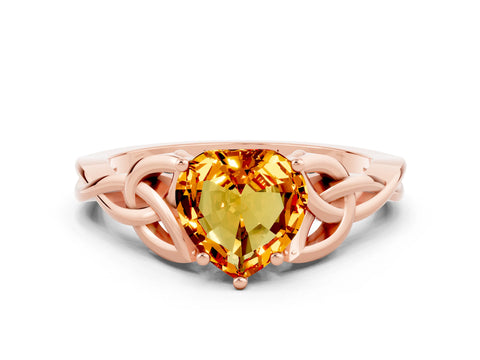 Rose gold Heart Cut Citrine Solitaire Engagement Ring with Celtic Knot Band and Four-Prong Setting