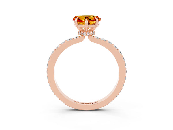 Rose gold Heart Cut Citrine Solitaire Engagement Ring with Pavé Band and Four-Prong Setting