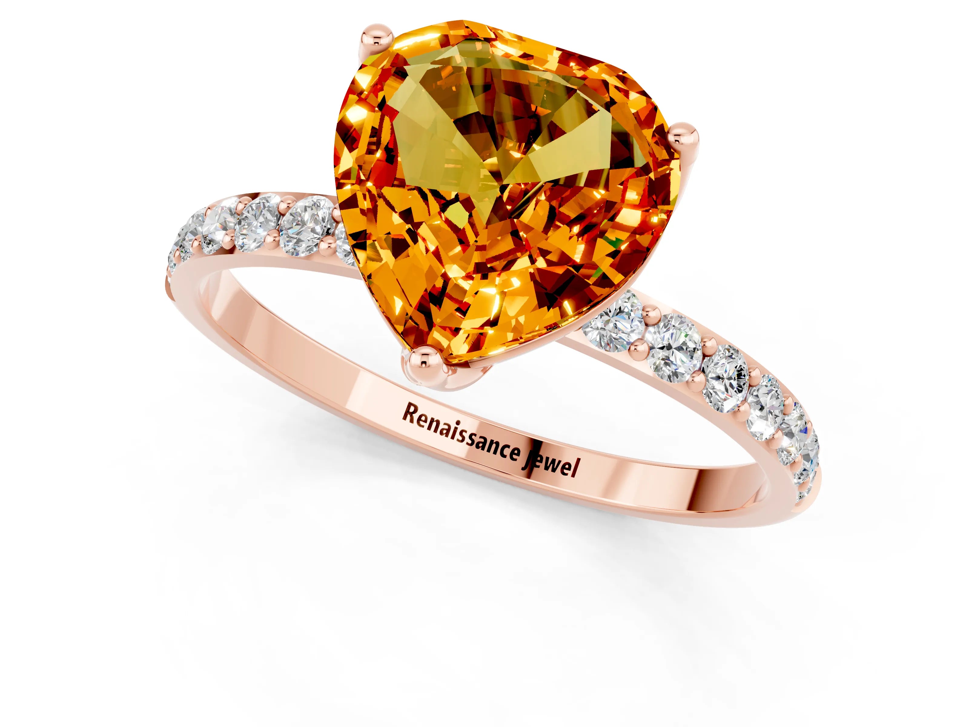Rose gold Heart Cut Citrine Solitaire Engagement Ring with Pavé Band and Prong Setting_1