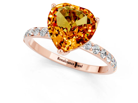 Rose gold Heart Cut Citrine Solitaire Engagement Ring with Pavé Band and Prong Setting_1