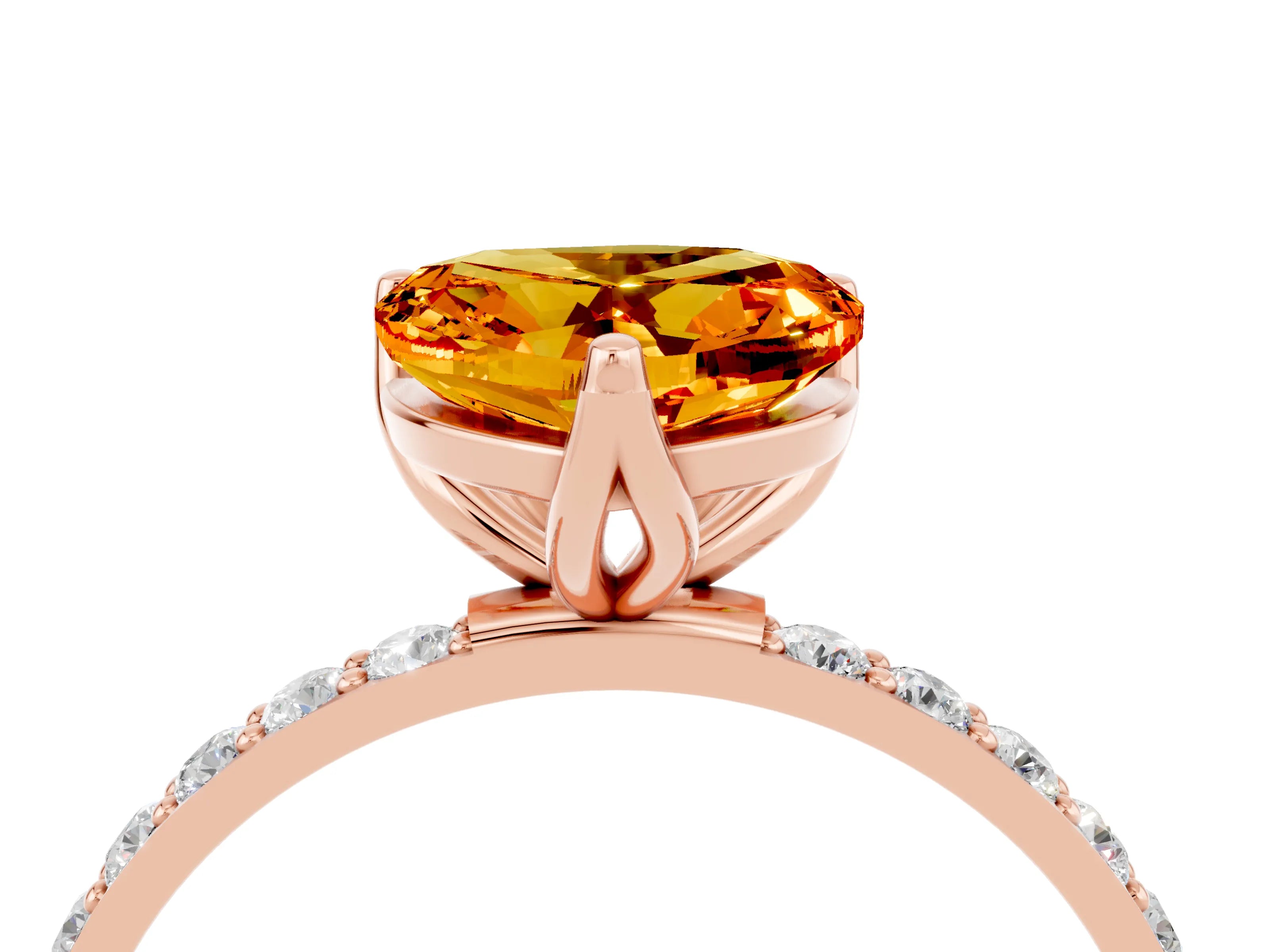 Rose gold Heart Cut Citrine Solitaire Engagement Ring with Pavé Band and Prong Setting_4