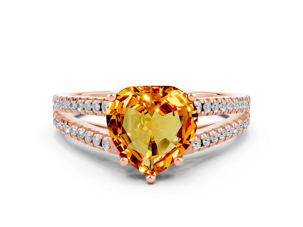 Rose gold Heart Cut Citrine Solitaire Engagement Ring with Split Shank Pavé Band