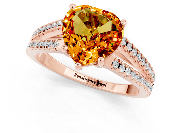 Rose gold Heart Cut Citrine Solitaire Engagement Ring with Split Shank Pavé Band
