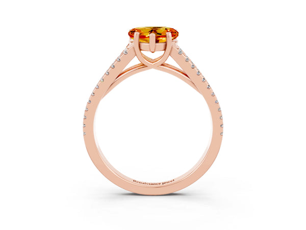 Rose gold Heart Cut Citrine Solitaire Engagement Ring with Split Shank Pavé Band