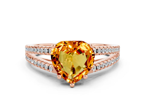 Rose gold Heart Cut Citrine Solitaire Engagement Ring with Split Shank Pavé Band
