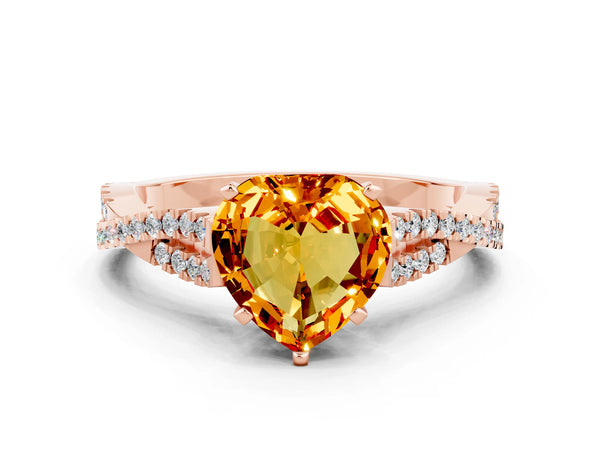 Rose gold Heart Cut Citrine Solitaire Engagement Ring with Twisted Pavé Band and Four-Prong Setting
