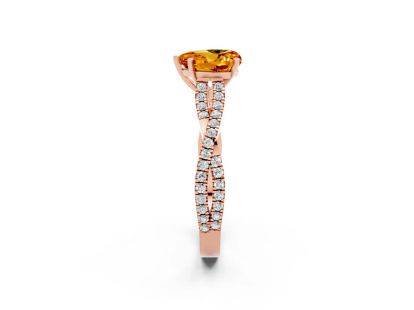 Rose gold Heart Cut Citrine Solitaire Engagement Ring with Twisted Pavé Band and Four-Prong Setting