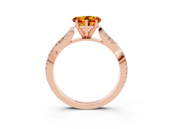 Rose gold Heart Cut Citrine Solitaire Engagement Ring with Twisted Pavé Band and Four-Prong Setting