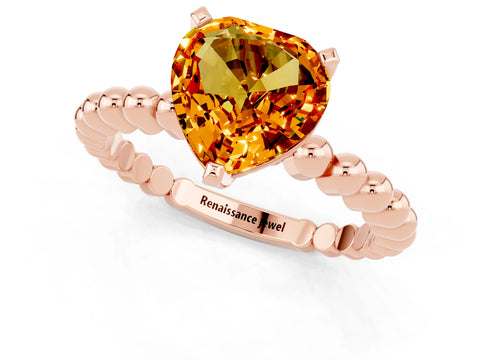 Rose gold Heart Cut Citrine Solitaire Ring with Beaded Band and Prong Setting_1