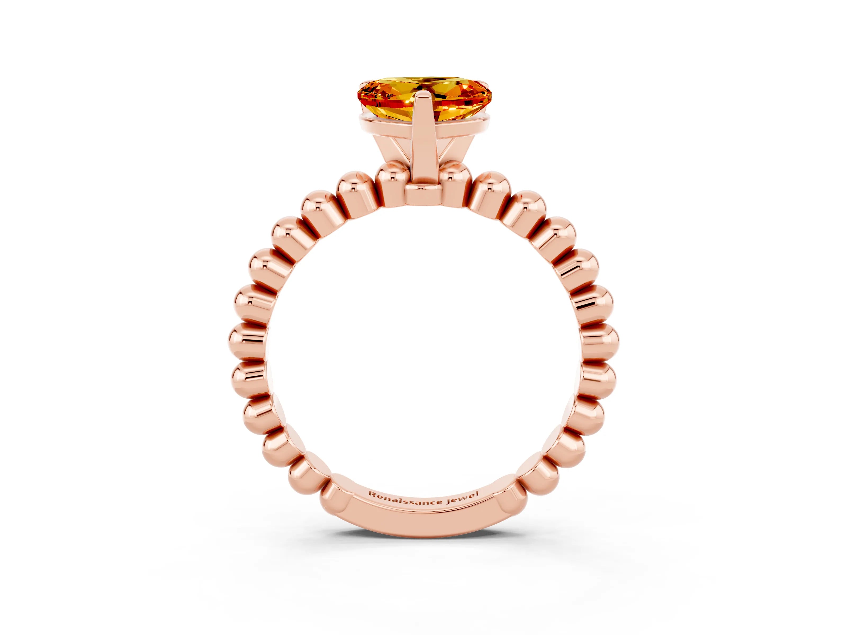 Rose gold Heart Cut Citrine Solitaire Ring with Beaded Band and Prong Setting_3