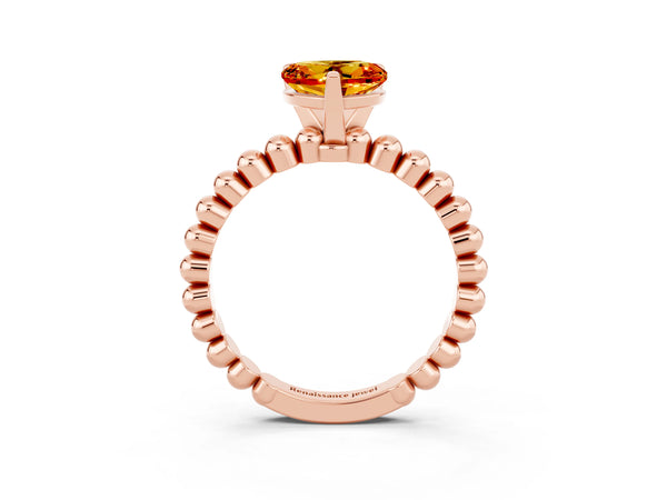 Rose gold Heart Cut Citrine Solitaire Ring with Beaded Band and Prong Setting