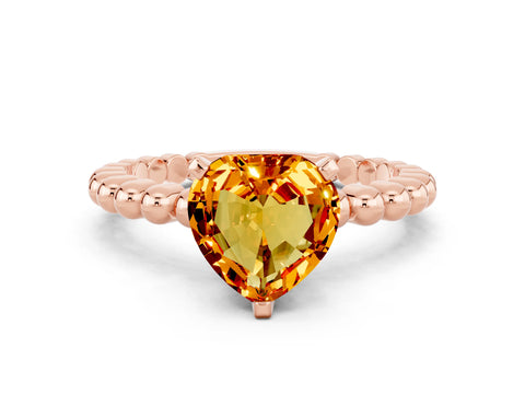 Rose gold Heart Cut Citrine Solitaire Ring with Beaded Band and Prong Setting
