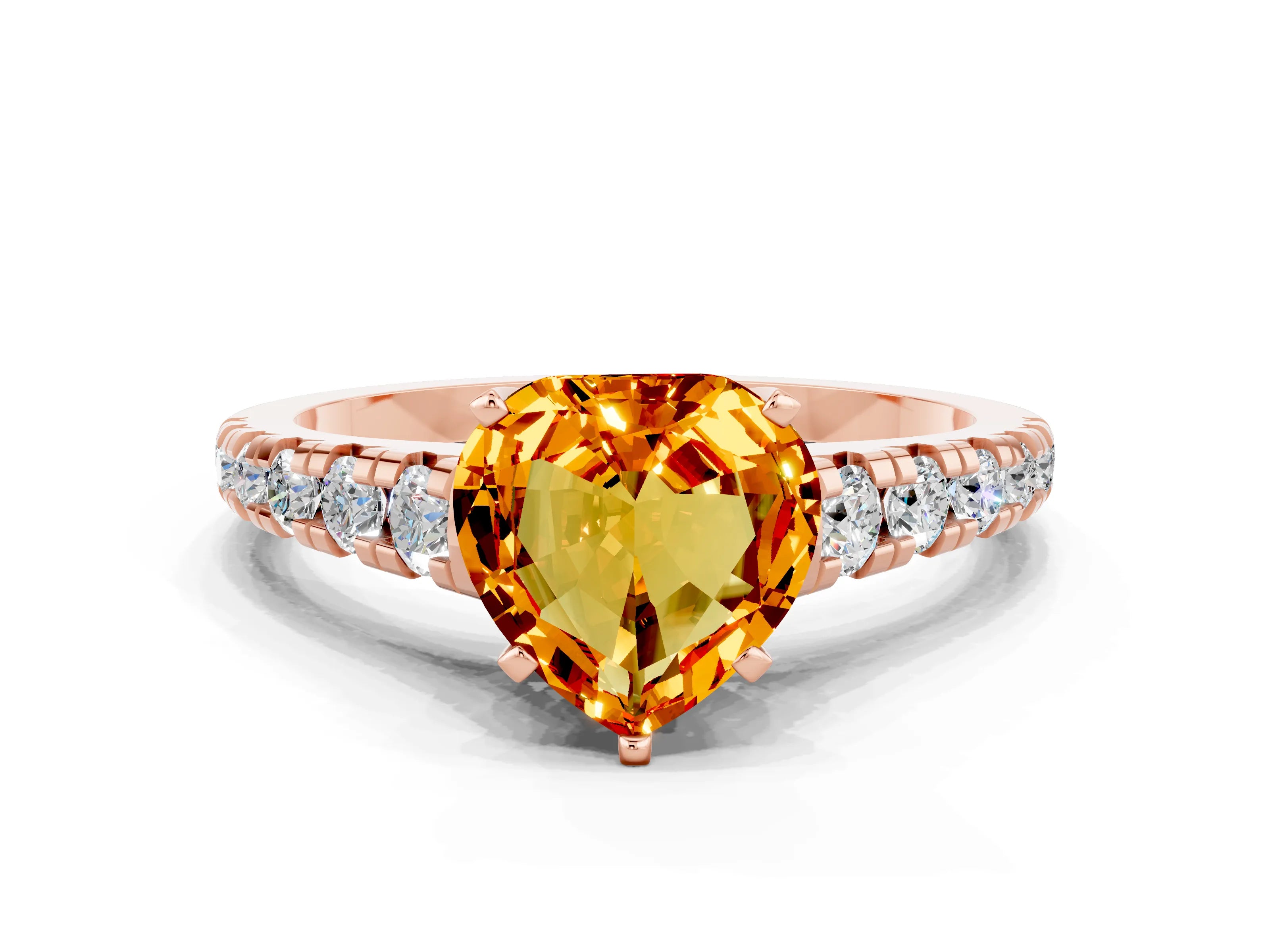 Rose gold Heart Cut Citrine Solitaire Ring with Cathedral Setting and Pavé Band