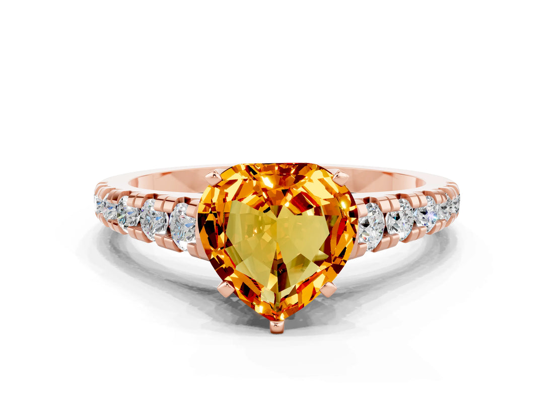 Rose gold Heart Cut Citrine Solitaire Ring with Cathedral Setting and Pavé Band
